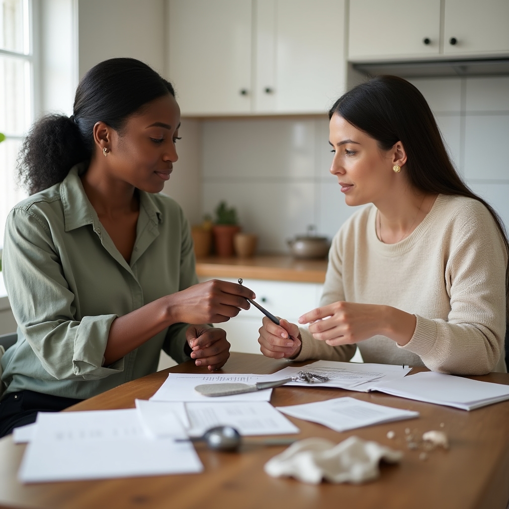An organizer and homeowner sorting through items on a table during a decluttering session