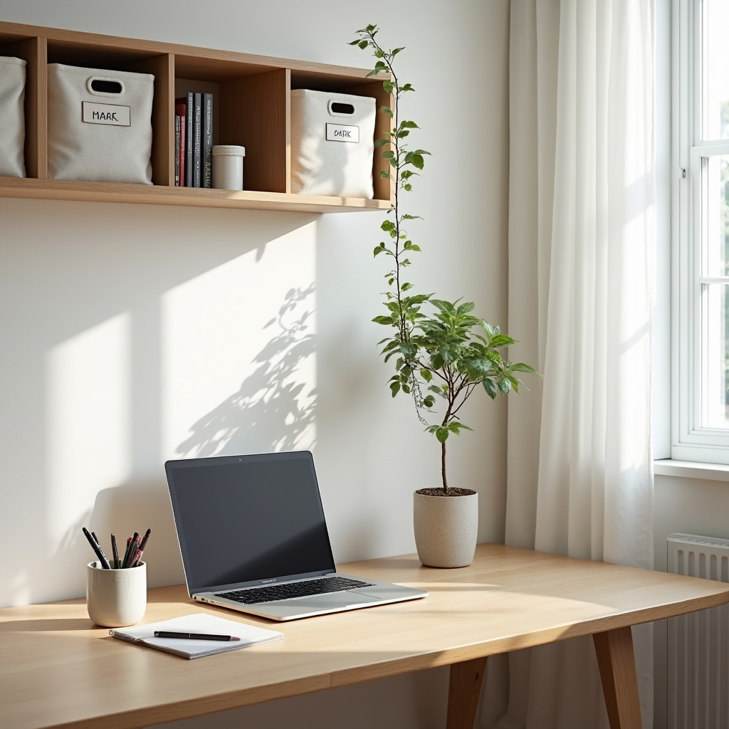 A neatly organized home office with labeled shelving and clear desk surface after professional organization