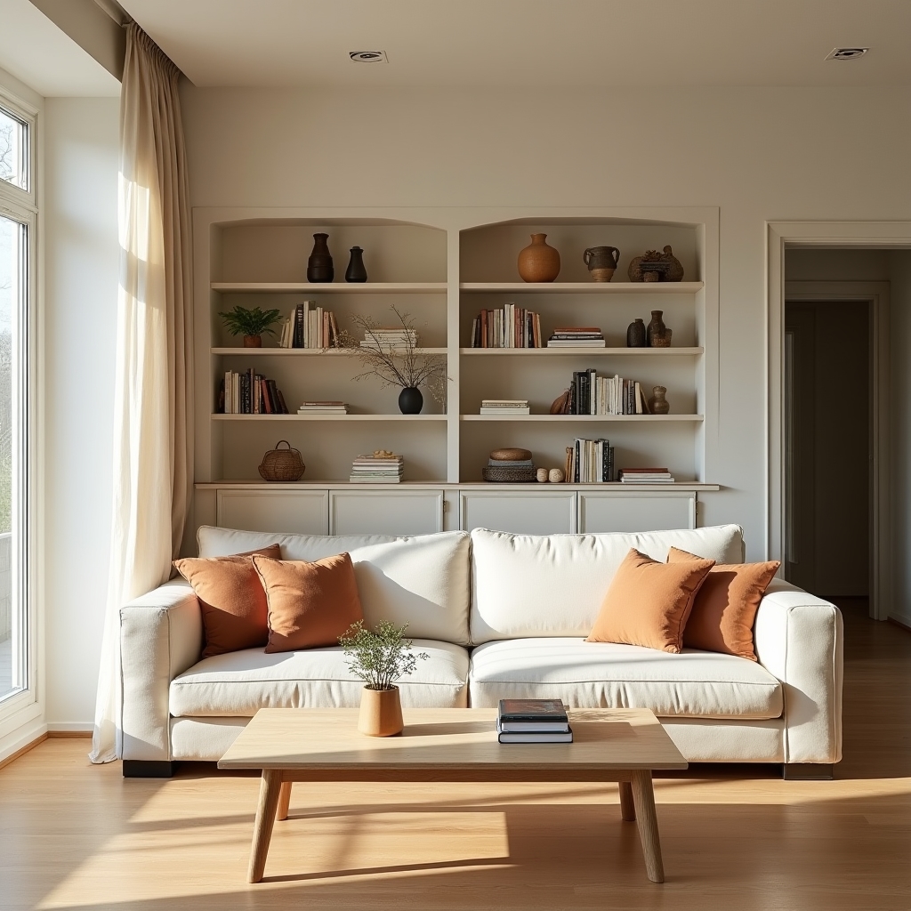 A calm, organized living room with tidy shelves and clear surfaces after professional organization