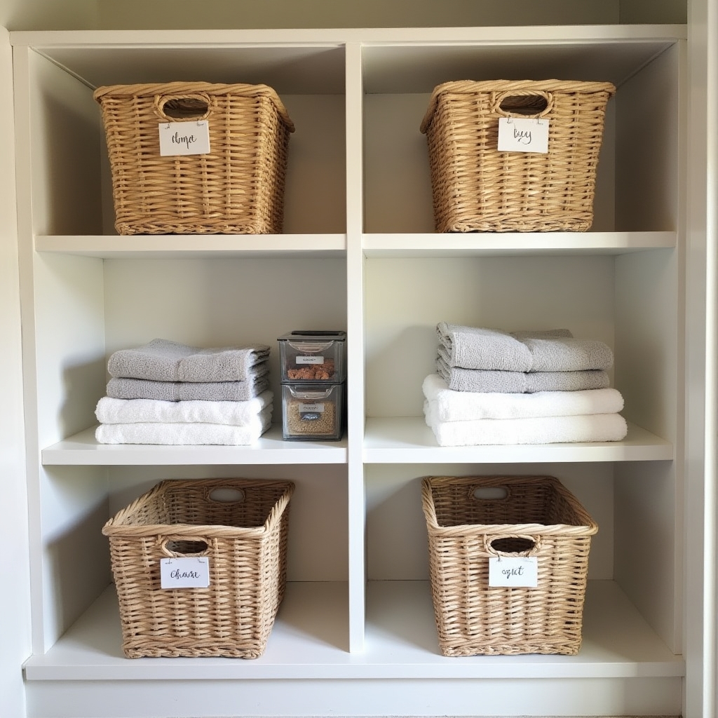 Neatly arranged shelving unit with labeled bins and organized household items in a utility room