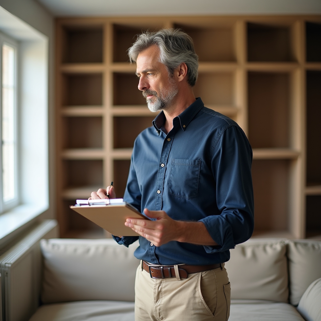 A professional home organizer reviewing notes and planning a room layout inside a family home